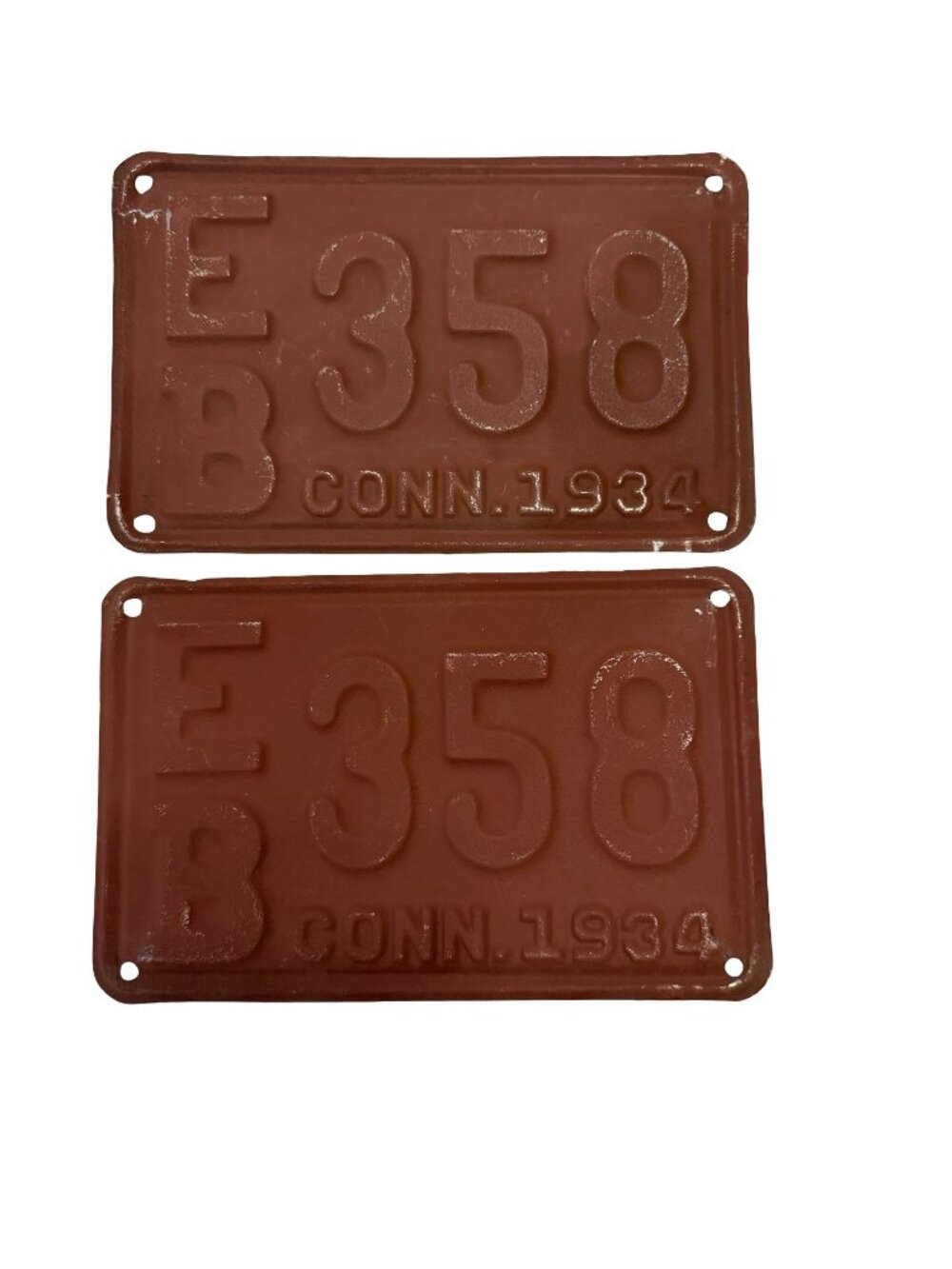 Vintage 1934 Connecticut License Plate Pair EB 358 Brown Embossed Matching Set
